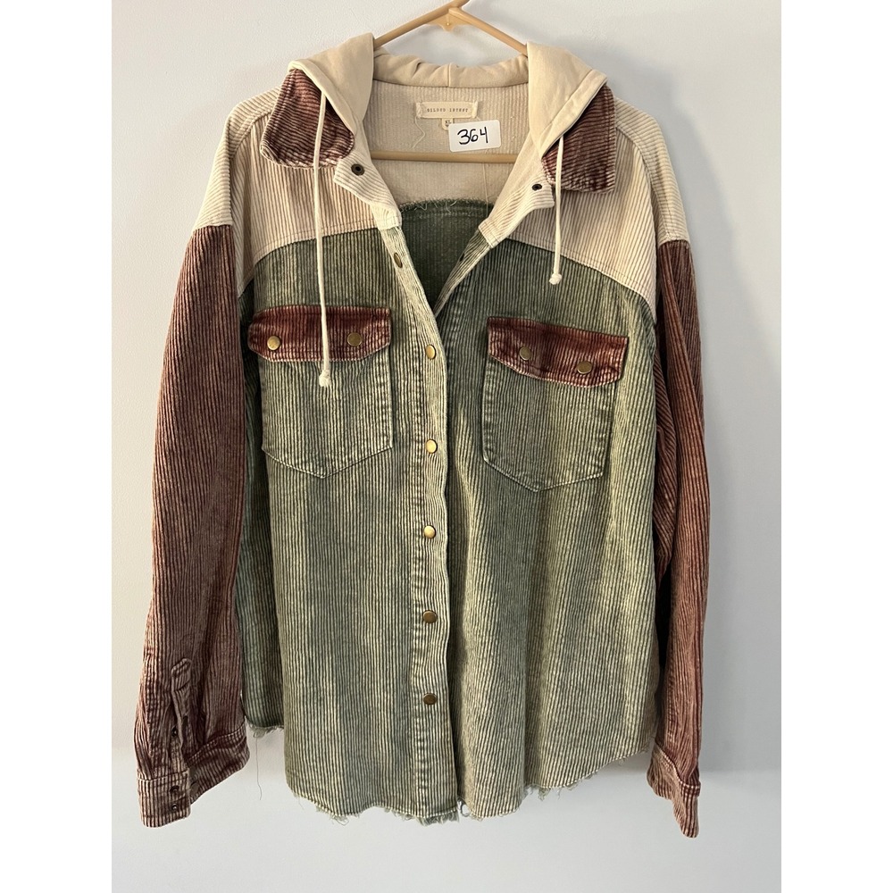 Gilded Intent Colorblock Corduroy Hooded Shacket Green Cream Mauve XL